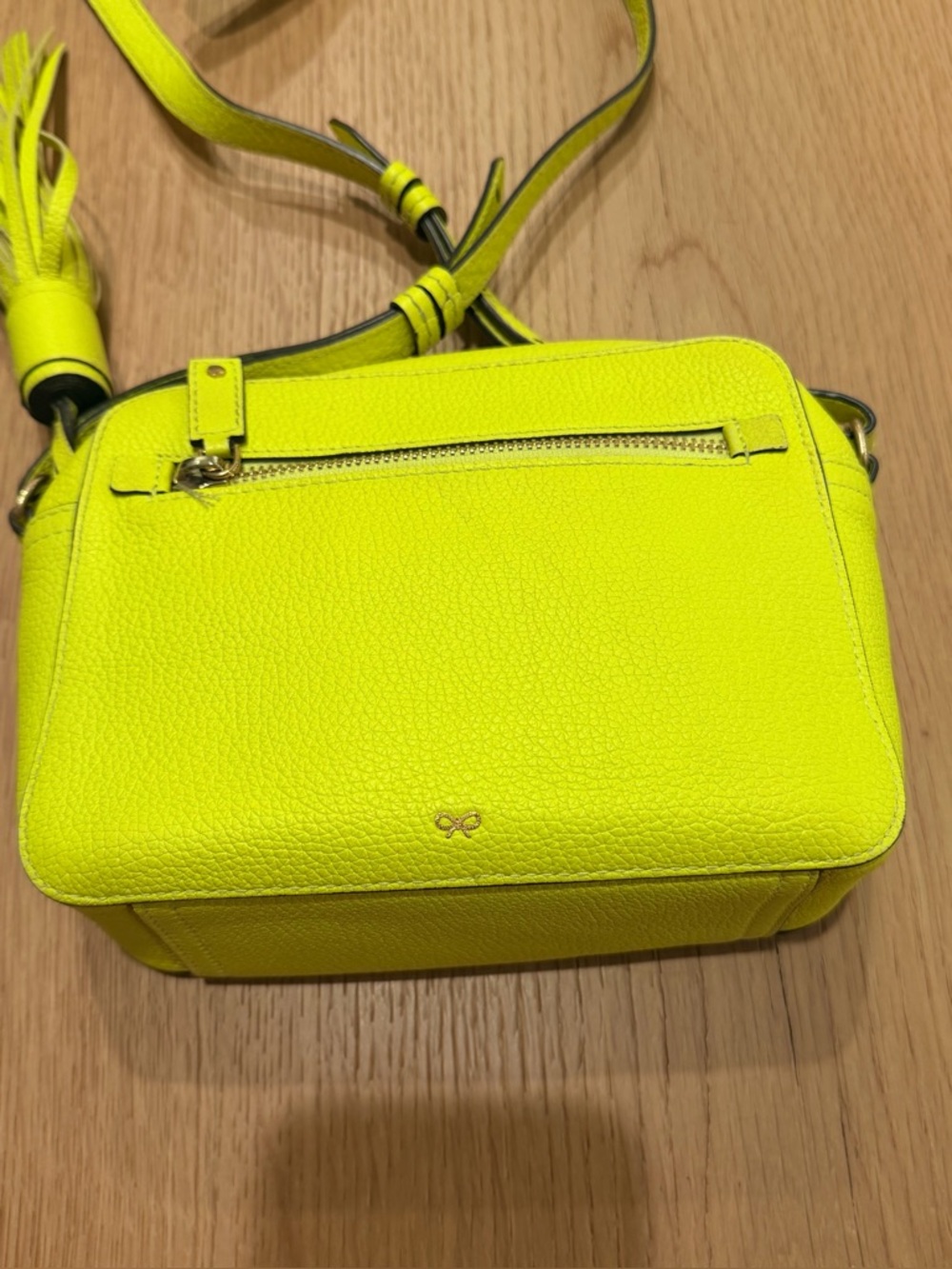 Anya Hindmarch Neon Yellow Perforated Smiley Leather Crossbody - Picture 5 of 11